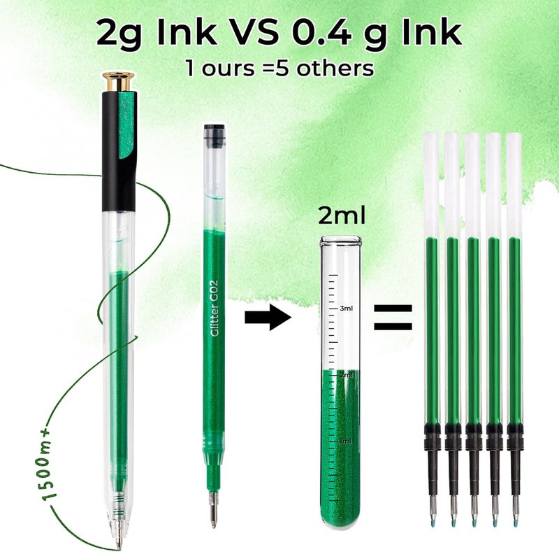 ZSCM Retractable Glitter Gel Pens, 12 Colors Large Capacity Green Glitter Metallic Gel Ink Pen, 1 mm Fine Point Smooth Writing Color Pens for Adult Coloring Book Note Taking Aesthetic Art Supplies - Image 3
